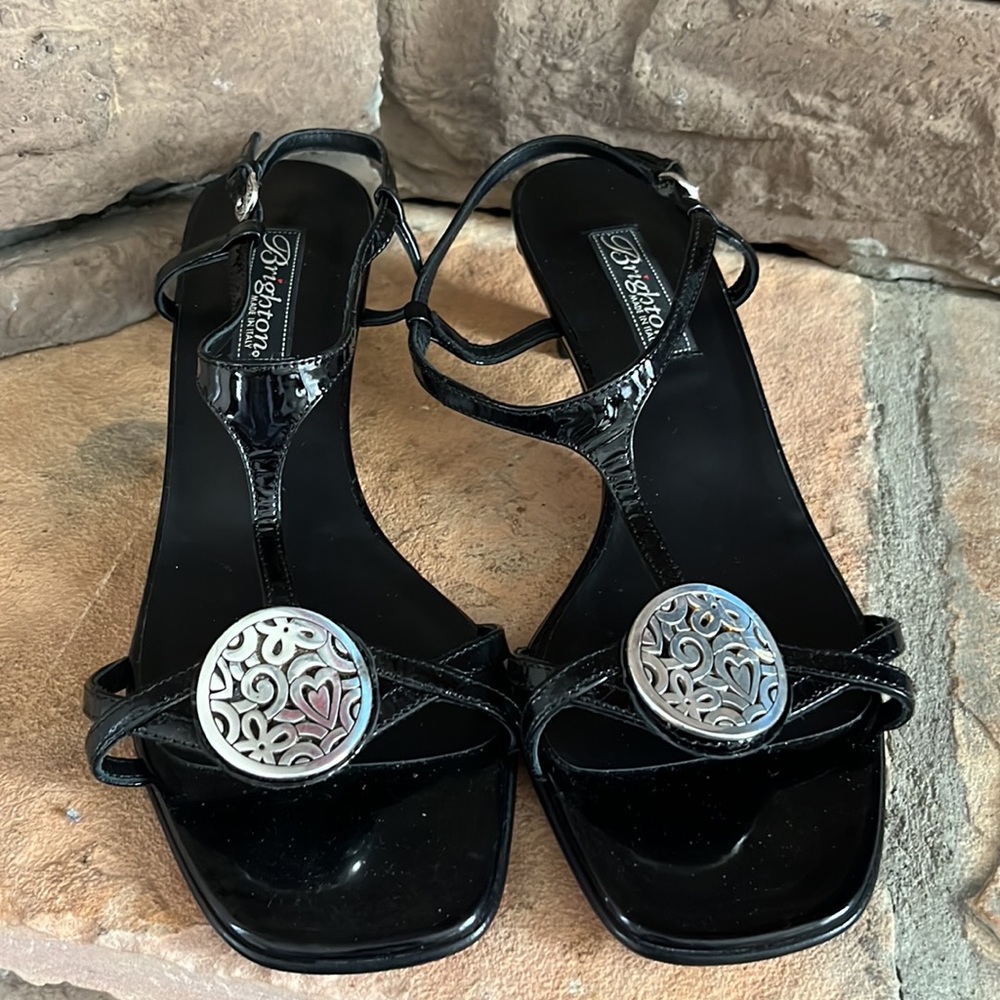 Brighton Black Patent Leather Strappy Slingback Heels - Picture 2 of 8